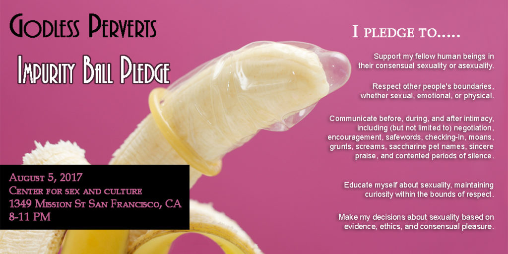 image of banana with condom juxtaposed with text of impurity pledge and text describing impurity ball